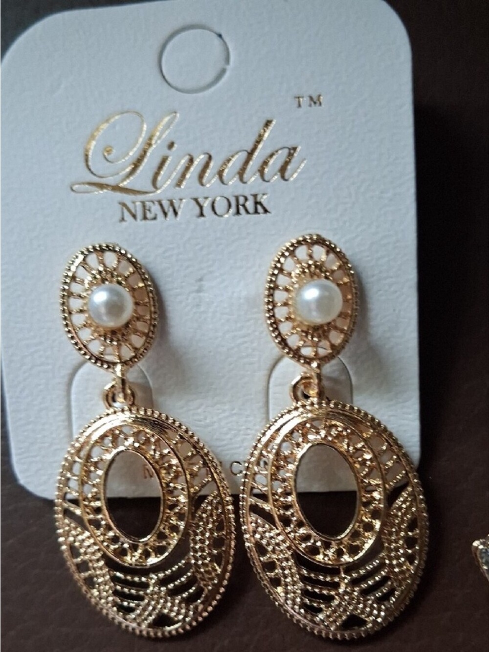 Linda New York Gold Pearl Filigree Drop Earrings